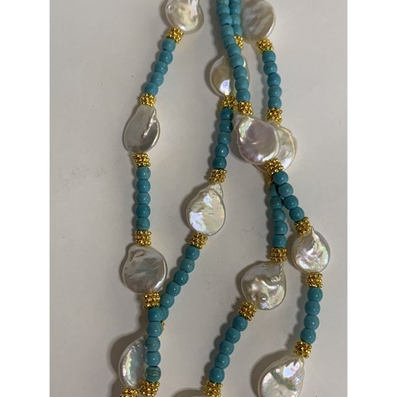 Necklace Turquoise Pearls Brass Seed Beads 4 Strands 29 - 32 Inches - Picture 3 of 4